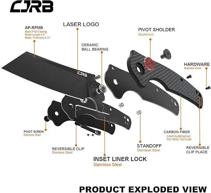 CJRB Crag Folding Pocket Knife 3.43 AR-RPM9 Steel Blade Carbon Fiber Handle EDC Knife with Pocket Clip for Men Women Camping Survival Hiking Black (J1904)
