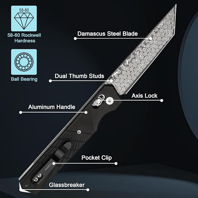 AUBEY Damascus Axis Lock Pocket Knife 3.46 Tanto Blade Crossbar Lock Folding Knives with Clip for Men Women Aluminum Handle with Glass Breaker for EDC Camping Gift