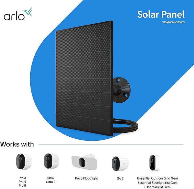 Arlo Solar Panel Charger (Black) Arlo Certified Accessory Weather Resistant Easy Install (2025 Released) Works with: Essential Series Go 2 Pro 3/4/5S/6/6 XL Ultra Series Wireless Floodlights