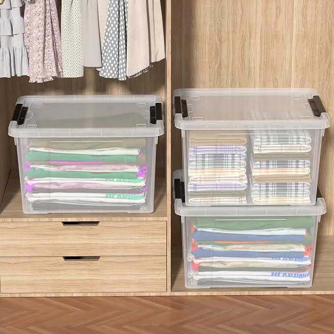 4-Pack Holiday Tote Plastic Storage Organizer Bins with Wheels 50 L Clear Stackable Organizing Containers for Home Garage and Office