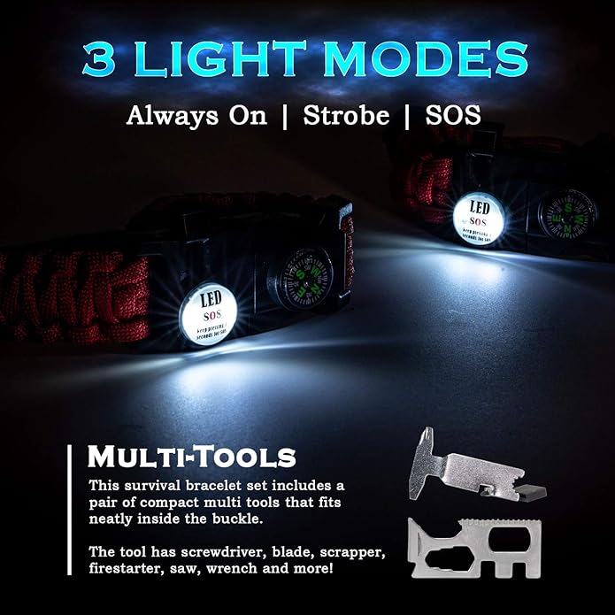 Deco Gear 2-Pack Tactical Emergency Bracelet with SOS LED Light Knife &amp More - Black &amp Red