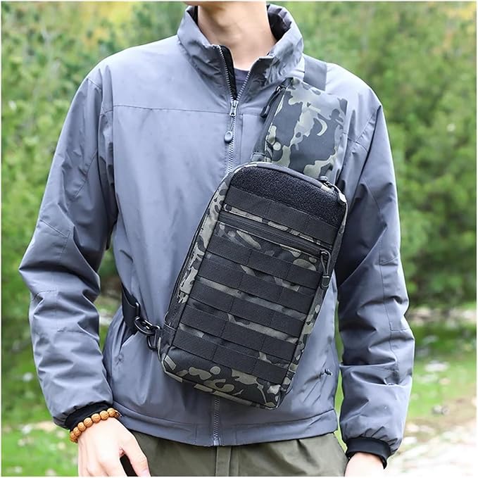 Outdoor Camping Chest Bag for Men Camouflage Backpack Travel Cycling Mountaineering Crossbody Waist Shoulder Sling Tactical Bag(Black Camo)