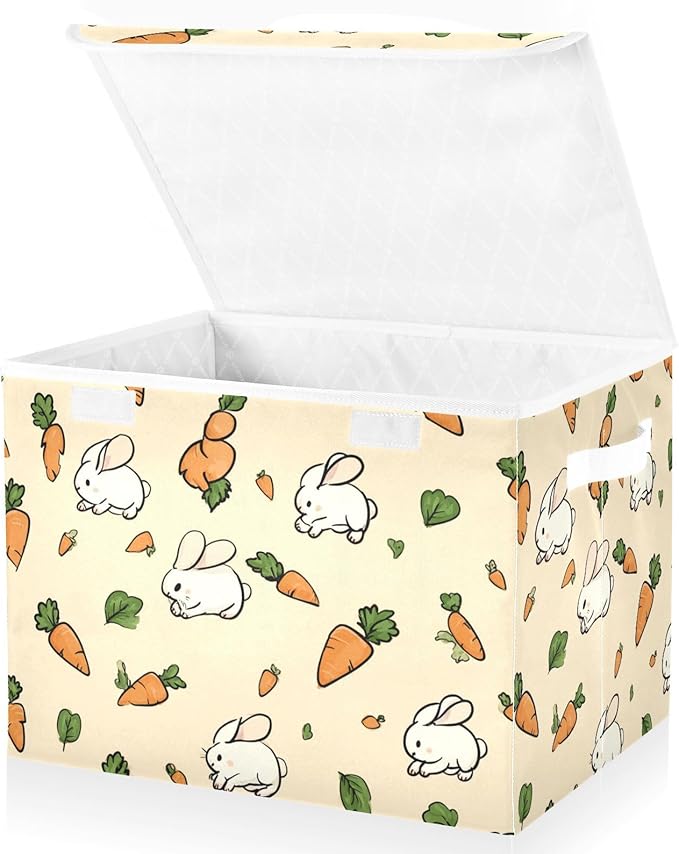 Light Yellow Rabbit Carrot Easter Storage Box with Lid 1 PC Foldable Storage Bin with Lids Stackable Storage Bins Cube Closet Organizer Basket with Flip-Top Lid &amp Handles for Shoes Books Towels