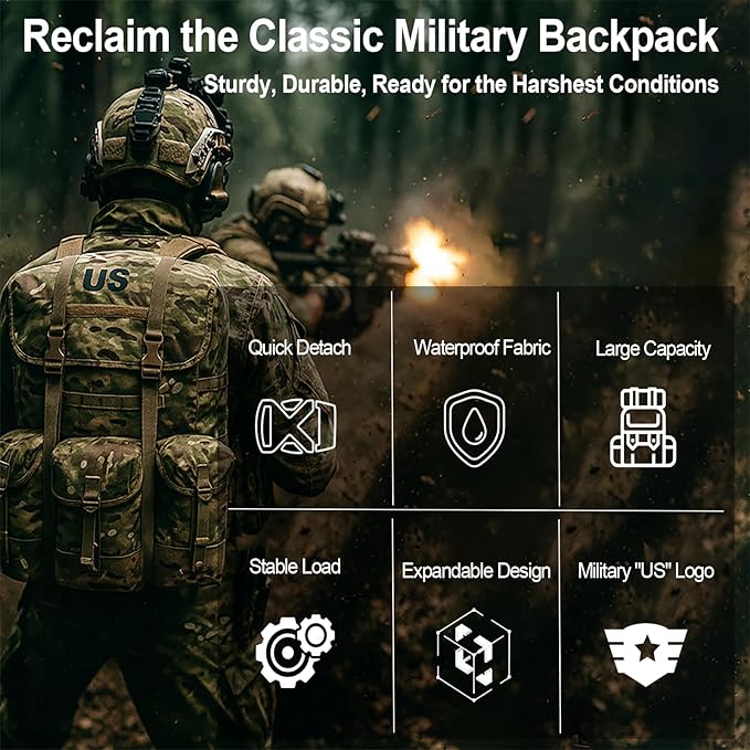 MT Military ALICE Pack Large Size Tactical Rucksack with Aluminum Quick-Release Buckles and Enhanced Waist Support – US Logo