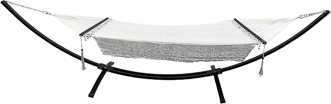 15 Ft. Indoor/Outdoor Heavy Duty Black Steel Arc Hammock Stand + Deluxe Hand Woven 2 Person Beige Bohemian Chic Rope Hammock Bed. 450Lb Capacity.