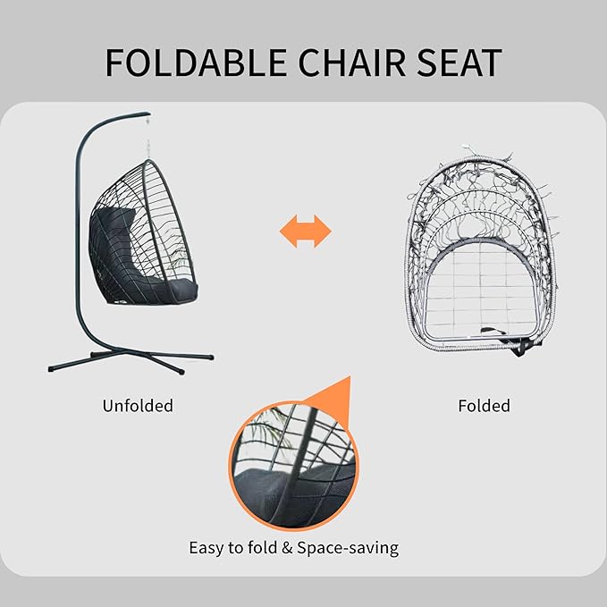 Kingdura Hanging Egg Chair with Stand Indoor Outdoor Foldable Rattan Wicker Hammock Egg Swing Chair for Bedroom Porch Patio Garden Thickened Cushion 350LBS Capacity Heavy Duty Frame