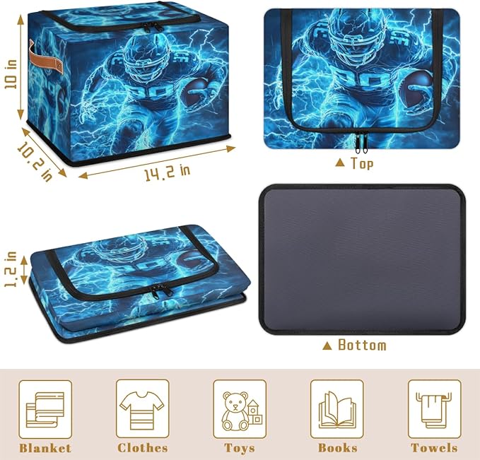 Football Player Storage Box with Lid American Sports Collapsible Storage Bins Baskets Cubes Closet Shelf Clothes Organizer Containers with PU Leather Handles