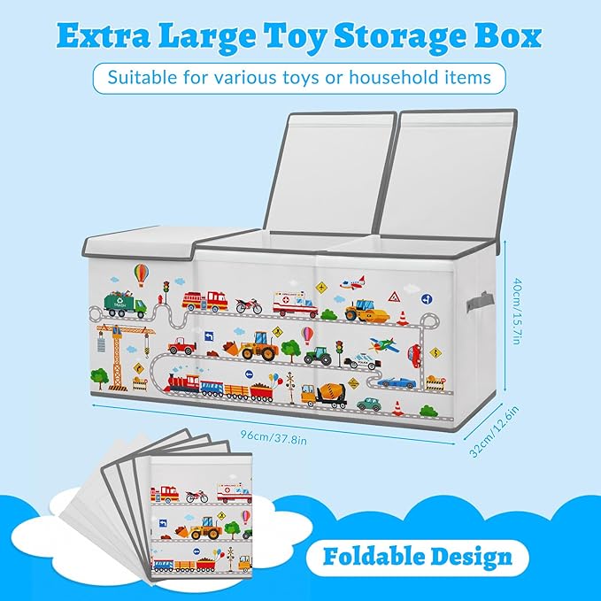 decalsweet Kids Toy Box Storage Chest Collapsible Storage Bin with Lids Handles for Boys Girls Toddler Large Kids Toy Organizer Box for Kidsroom Bedroom Playroom Nursery37.7x12.5x15.7