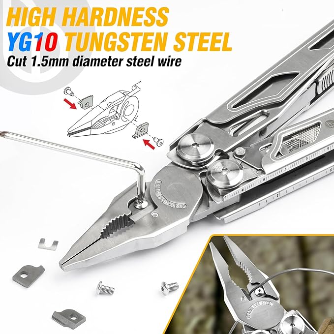 BIBURY Multitool Pliers Pro BI2045 Stainless Steel Multi Tool Pliers with Replaceable Wire Cutters and Saw Foldable Multitools with Scissors and Screwdriver Ideal for CampingSurvival Repair