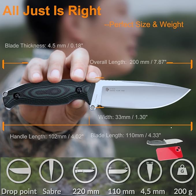 Ruike Camping Small Fixed Blade Knife with Sheath 360 Rotate 14c28n Tactical Full-tang Large Big Stainless SteelHunting Survival Bushcraft Top Hiking ToolMen EDC Outdoor Belt Hidden Horizontal Case