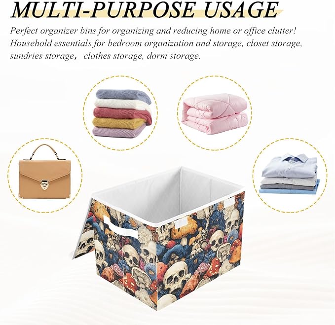 Colorful Skull Mushroom Storage Cube Bins Basket with Lid Collapsible Flip-top Fabric with Handle for Home Bedroom Closet Office 16.5×12.6×11.8 in
