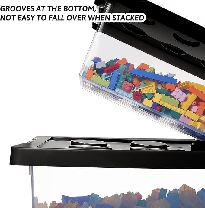 loobuu Plastic Storage Bins with Lids - Stackable Toy Storage Organizer Box Set of 2 Toy Chests with Compatible Building Baseplate and Lid Storage Container for Building Bricks &amp Toys- Black
