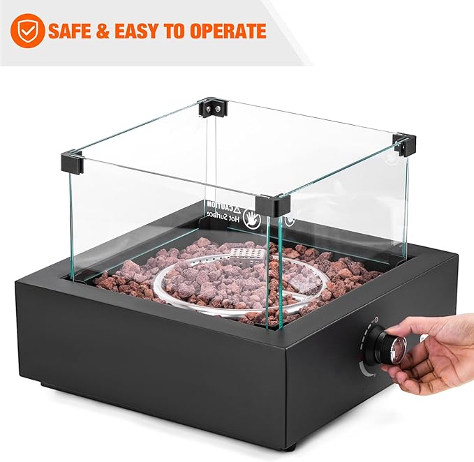 ONLYFIRE OUTDOOR LIVING 15.7 Portable Propane Gas Fire Pit Side-Mounted Modern Tabletop Fireplace Smokeless Firepit with Glass Wind Guard for Patio Camping RV Tailgating 23000BTU Squre FP040