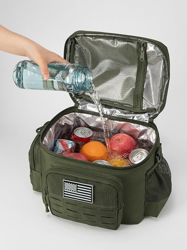 QT&ampQY Tactical Lunch Bag for Mens Military Heavy Duty Lunch Box Work Leakproof Insulated Durable Thermal Cooler Bag for Adult Meal for Office Camping Picnic Pail MOLLE Webbing Army Green