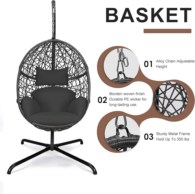 NICESOUL Bird Cage Swing Egg Chair UV/Water-Resistant 450lbs Capacity Wicker Swinging Chairs with Stand Comfy Oversized Hanging Seat w/Cushion Metal Frame &amp Cover for Indoor Outdoor Dark Grey