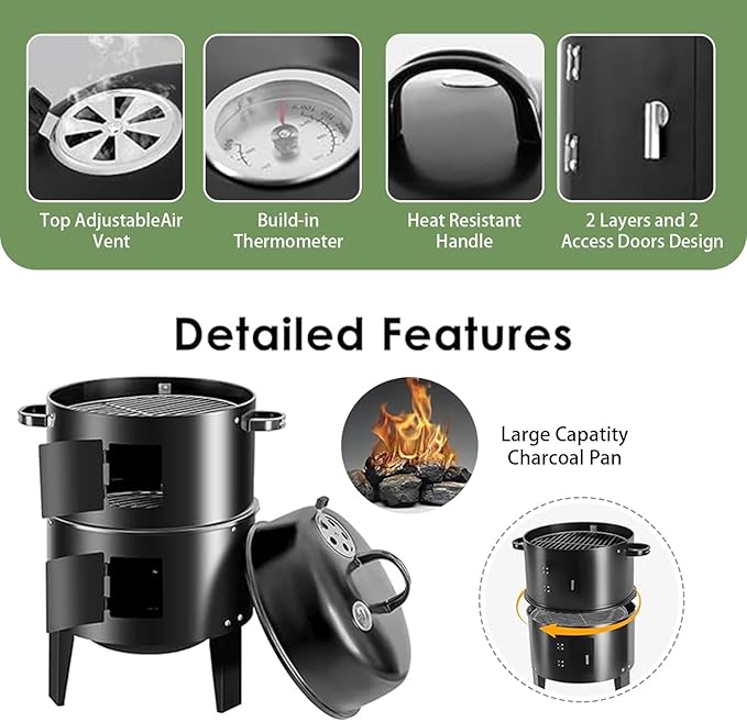16.5-Inch Vertical Charcoal Smoker Heavy Duty Round Multi-Layer BBQ Grill with Thermometer for Smoking Meats (Black)
