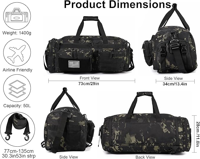 LHI 50L Tactical Duffle Bag for Men 3-in-1 Gym Duffle and Backpack Shoe Compartment Laptop Sleeve and MOLLE Carry-On Travel Weekender and Overnight Bag – Black CP Camo