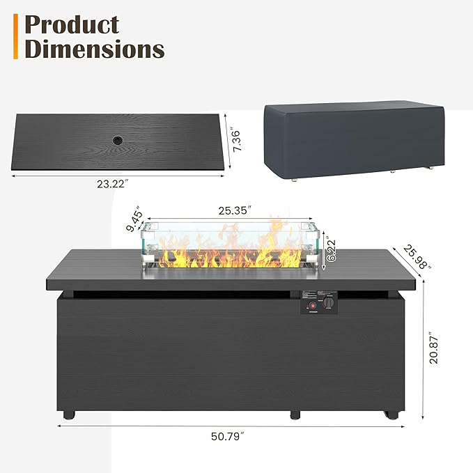 Sundale Outdoor 51 Inch Outdoor Fire Pit Table 50000BTU Rectangle Propane Fire Pit with Sliding Tank Holder Glass Wind Guard Removable Lid CSA Certified Gray