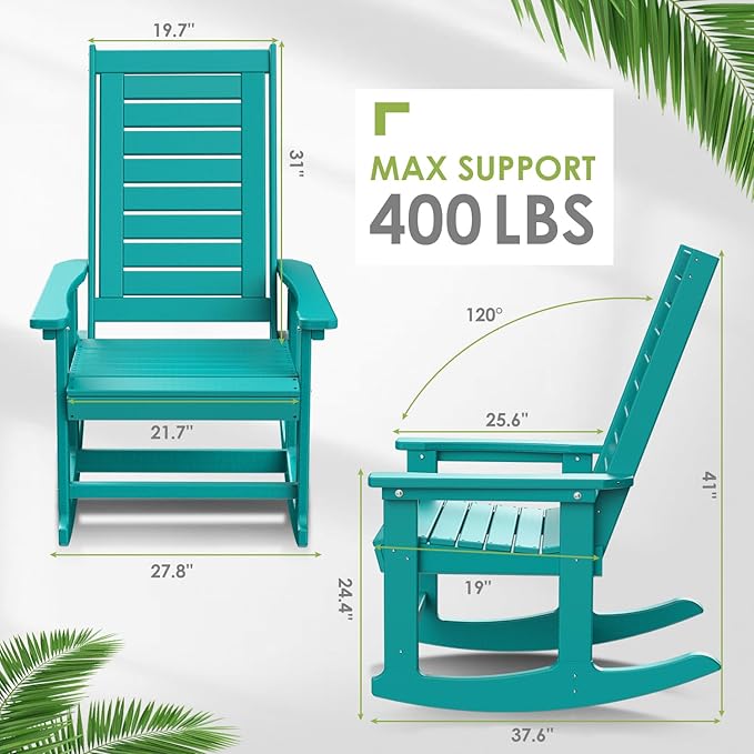 GREENVINES Outdoor Rocking Chairs | Set of 2 | Porch Rocker | HDPE Plastic | Aqua | Oversized Rockers | High Back | Big &amp Tall | Ladder Back | for Patio Outside Backyard Balcony Garden
