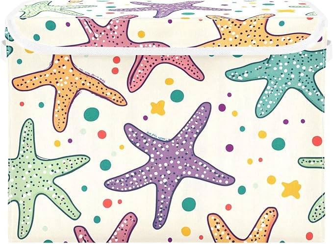 Star Fish Cartoon Storage Cube Bins Basket with Lid Collapsible Flip-top Fabric with Handle for Home Bedroom Closet Office 16.5×12.6×11.8 in