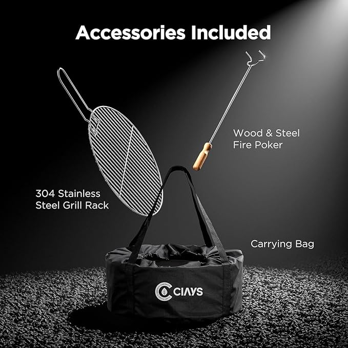 Ciays Smokeless Firepit for Outside 21 Inch Outdoor Fire Pit for Camping with Patented Technology Portable Fire Pit with Steel Grill Rack Fire Poker and Bag Easy Setup and Storage Wood Burning