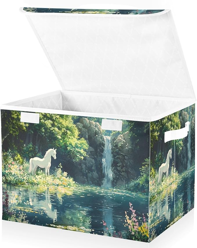 Storage Cube with Lid Lake White Horse Print 16.5×12.6×11.8 IN 1 Pack Collapsible Large Capacity Foldable Storage Basket Bin Organizer