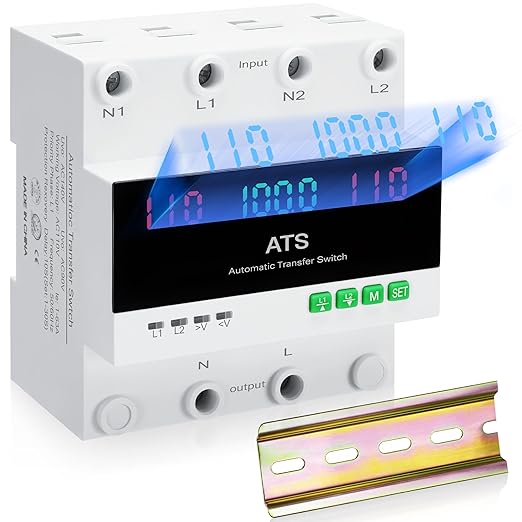 100amp AC110V Automatic Transfer Switch with LED Display 50/60Hz 2P ATS Auto Dual Power Outdoor Changeover Switch for Home GeneratorL1 Priority Din Rail Mount CE Certified Selector Transfer Switches