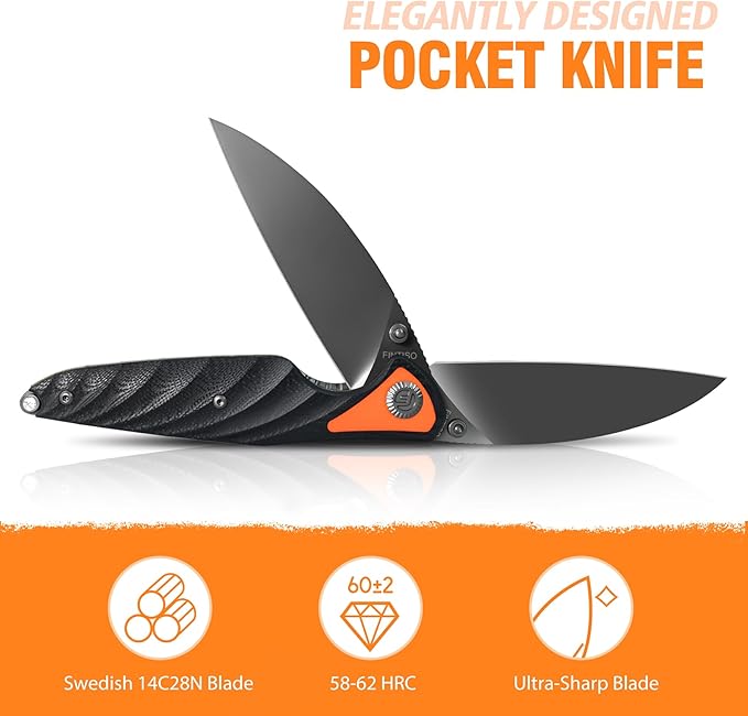FINTISO Pocket Knife 3.15 Folding Knife Premium 14C28N Blade Black and Orange G10 Handle Bicolour Design with Liner Lock Pocket Clip for Men Women Small EDC Knife for Camping Hunting Hiking Surv