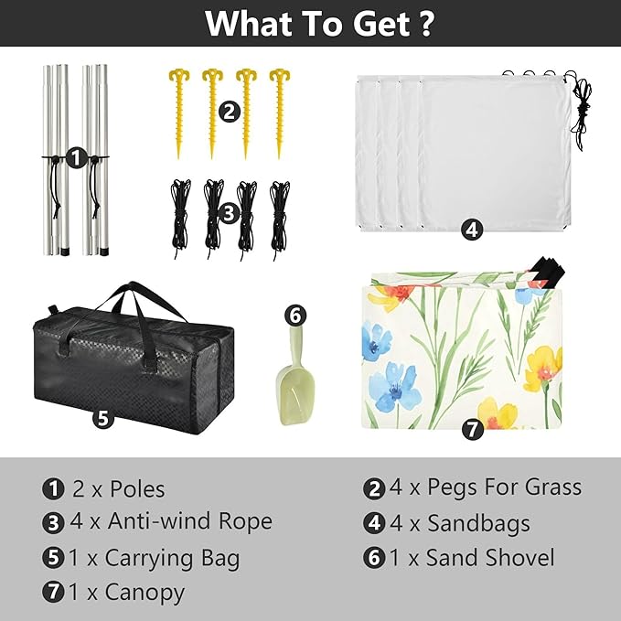 Wildflowers Beach Canopy Sun Shelter with Sandbags &amp Sand Shovel &amp Windproof Ropes - Portable 110x126 Beach Shade Beach Tent for Camping Picnics