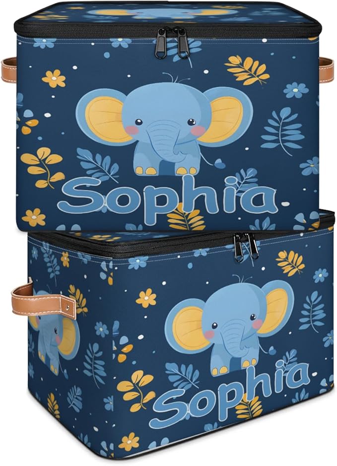 Custom Storage Basket with Name Personalized Storage Bins with Zipper Lid Foldable Fabric Storage Box Large capacity with Handle Elephant Flower Leaves