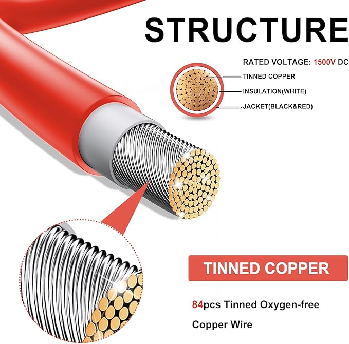 Twin Wire 100FT Solar Extension Cable - 10AWG(6mm²) Solar Panel Connector with 6 Pairs-IP67-Male/Female Solar connectors for Outdoor Automotive RV Boat Marine Solar Panel- Black &amp Red