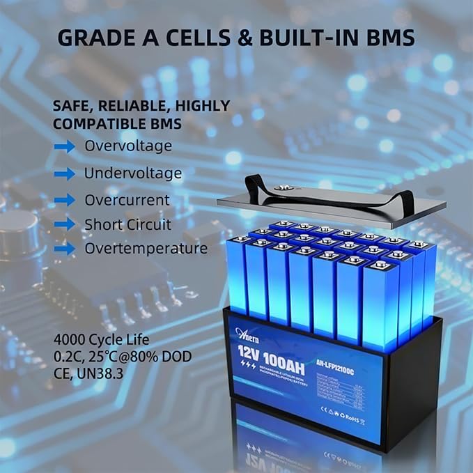 12V 100Ah LiFePO4 Deep Cycle Lithium Battery 15000 Cycles Built-in 100A BMS Perfect for Marine RV Marine Trolling Motor Solar Off-Grid System