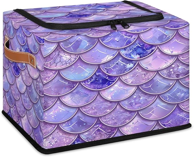 Mermaid Scales Storage Box with Lid Ocean Beach Collapsible Storage Bins Baskets Cubes Closet Shelf Clothes Organizer Containers with PU Leather Handles