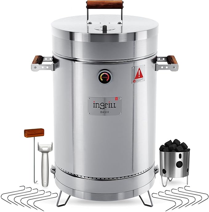 3-in-1 Stainless Steel Smoker Barrel Grill – Portable Charcoal BBQ with Thermometer 25 lbs Outdoor Cooking Smoker for Camping Backyard &amp Home BBQ INGRILL