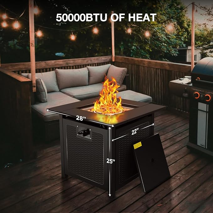 hykolity 28 inch Fire Pit Table 50000 BTU Patio Heater 2 in 1 Outdoor Gas Fire Pit with Removable Lid &amp Lava Stone CSA-Certified for Gas Fire Pit Deck Garden Backyard