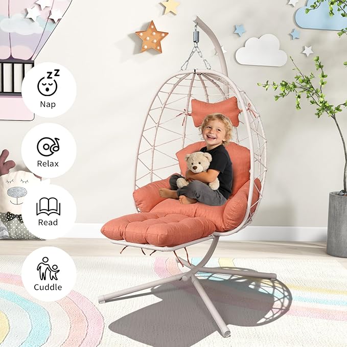 Hanging Egg Chair with Stand Outdoor Indoor Patio Rattan Swing Hammock Chairs with Washable Cushion PE Wicker Swing Chair for Backyard Bedroom Garden (White + Orange Red Cushion with Footrest)