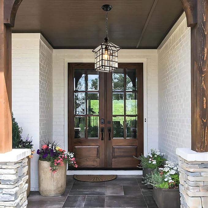 Milaii Copper Bronze Outdoor Pendant Light Fixtures Exterior Lantern Pendant Lighting Oil Rubbed Bronze Waterproof Hanging Porch Light with Clear Glass Anti-Rust Patio Entryway Outdoor Chandelier