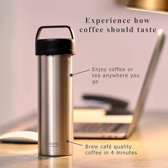 ESPRO Go P0 Ultralight French Press Coffee Maker for Travel Vacuum Insulated Stainless Steel 16 Ounces Brushed Stainless Steel