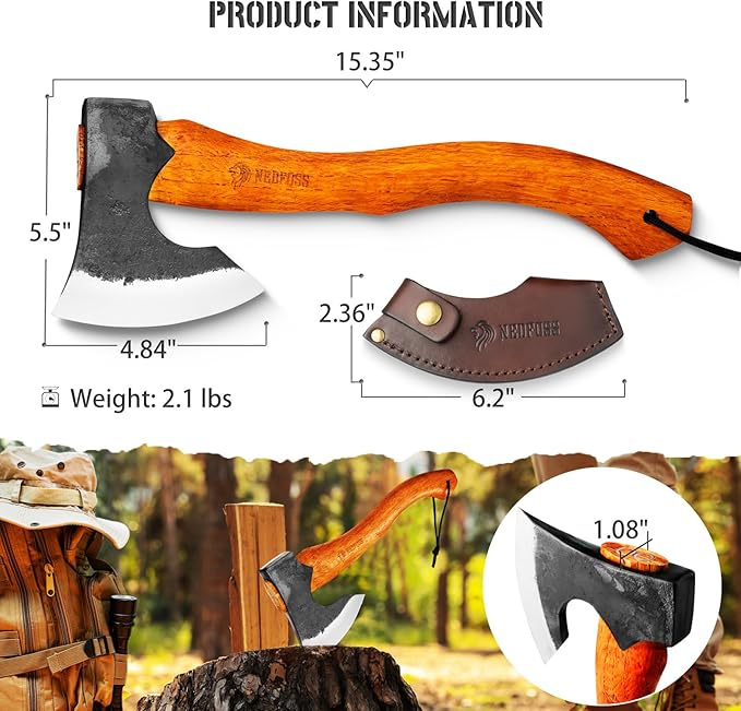 NEDFOSS Mammoth Camping Hatchet Axe 15.5 Hand Forged Splitting Axe Outdoor Wood Splitting Chopping Tool High Carbon Steel &amp Wooden Handle Bushcraft Survival Axe with Leather Sheath for Men Wome