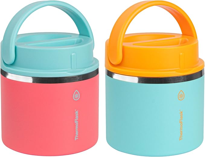 ThermoFlask 20 oz Double Wall Insulated Food Jar 2-Pack Sugar Coral + Maui Blue/Maui Blue + Sunrise