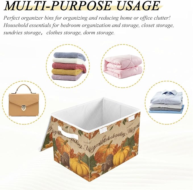 Collapsible Storage Bins with Lids Decorative Fabric Storage Cubes Closet Organizer and Storage Basket Boxes Containers for Clothes Box Chest Nursery Folding Rectangle Brown Pumpkin Turkey