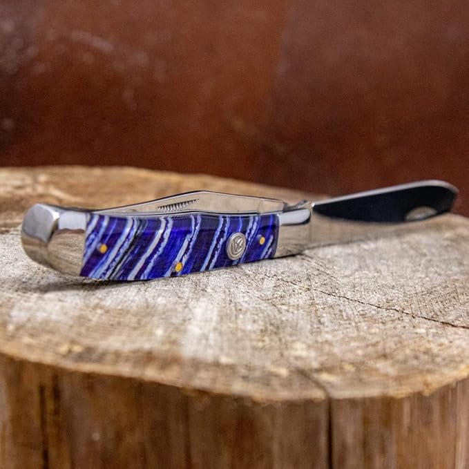 WHISKEY BENT HAT CO. Traditional Trapper Folding Pocket Knife 4.125 Closed Length 440C Stainless Steel Blades (Blue Mammoth)