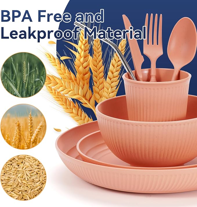 Wheat Straw Dinnerware Sets64-Piece Plates and Bowls Sets for 8-UnbreakableReusable Plastic Dish Set-Dinner Plate/Dessert Plate/Cereal Bowl/Cup/Utensils-Microwavable Dishwasher Safe 64P-Deep Gray