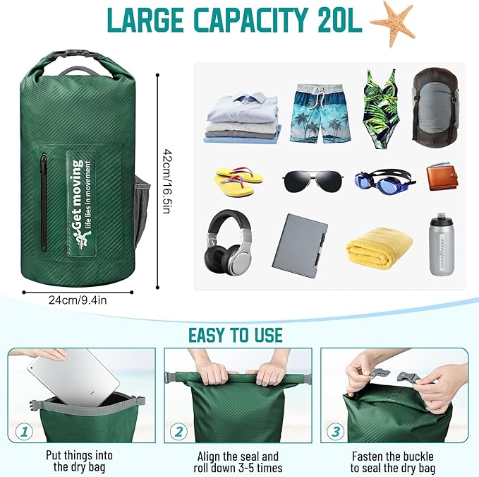 BKNOOU Dry Bag Waterproof Backpack for Women Men 10L/20L Roll Top Lightweight Dry Storage Bag Backpack for Travel Kayaking Boating Rafting Camping Hiking and Beach with Phone Pouch