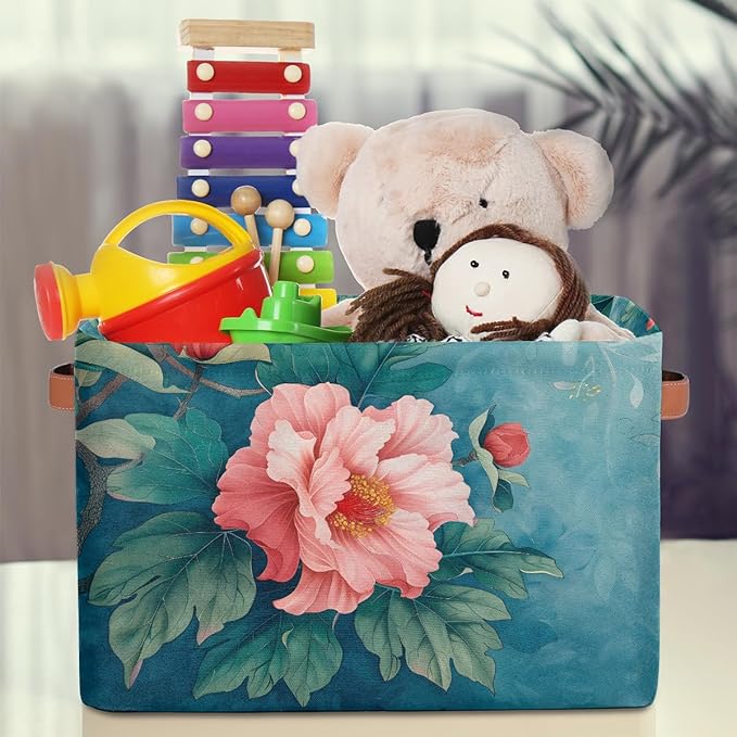 Pardick Basket Storage Bins Flower Floral Teal Rectangle Cube Basket Box Kids Girls Boys Toys Organizer Beaket Decor Foldable with Handle for Living Room Bedroom Closet Nursery Office Shelf Gifts