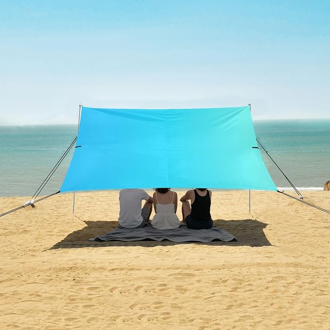 Light Blue Gradient Beach Tent &amp Canopy UPF50+ Waterproof Portable Sun Shelter with Sand Shovel for Family Trips Picnics &amp Camping