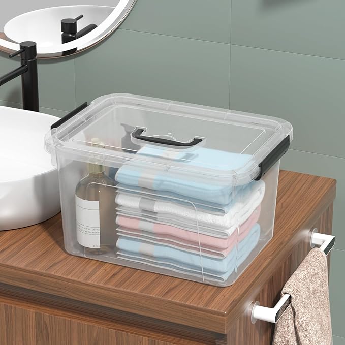 12 Quarts Clear Latching Bins with Lids Plastic Storage Tote Box with Handle 6 Packs