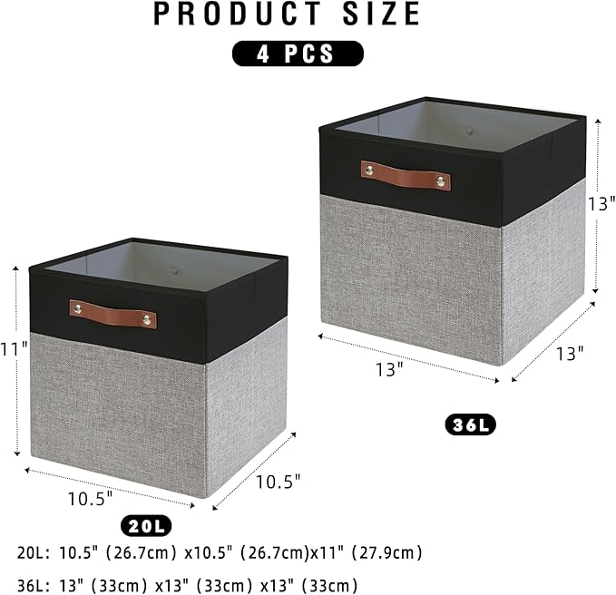 Collapsible Fabric Storage Cube Bins with 2 Reinforced PU Handles Foldable Storage Organizer Baskets for Closet Shelves Living Room | 11x11x11 4 Pack Black &amp Gray