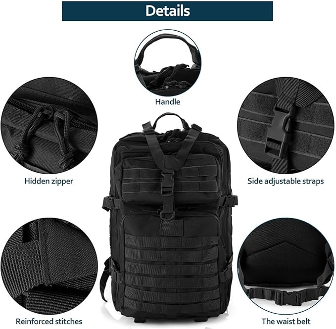 50L Sturdy Nylon Waterproof Fishing Hunting Backpack Outdoor Military Rucksacks Tactical Sports Camping Hiking Bags (Black)