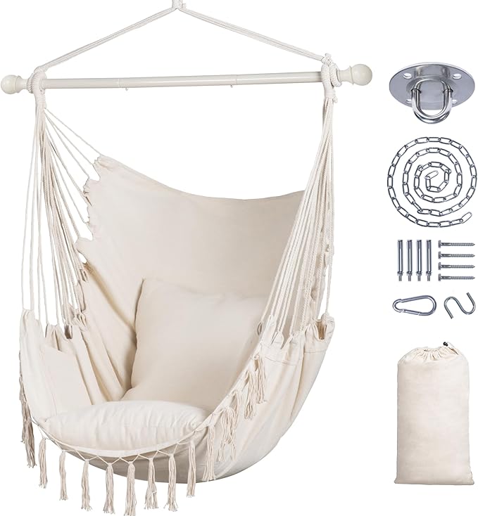 SUNCREAT Hammock Chair Hanging Rope Swing Seat-Max 450lbs Capacity Extra Large Macrame Hanging Swing with Side Pocket Two Seat Cushion Beige